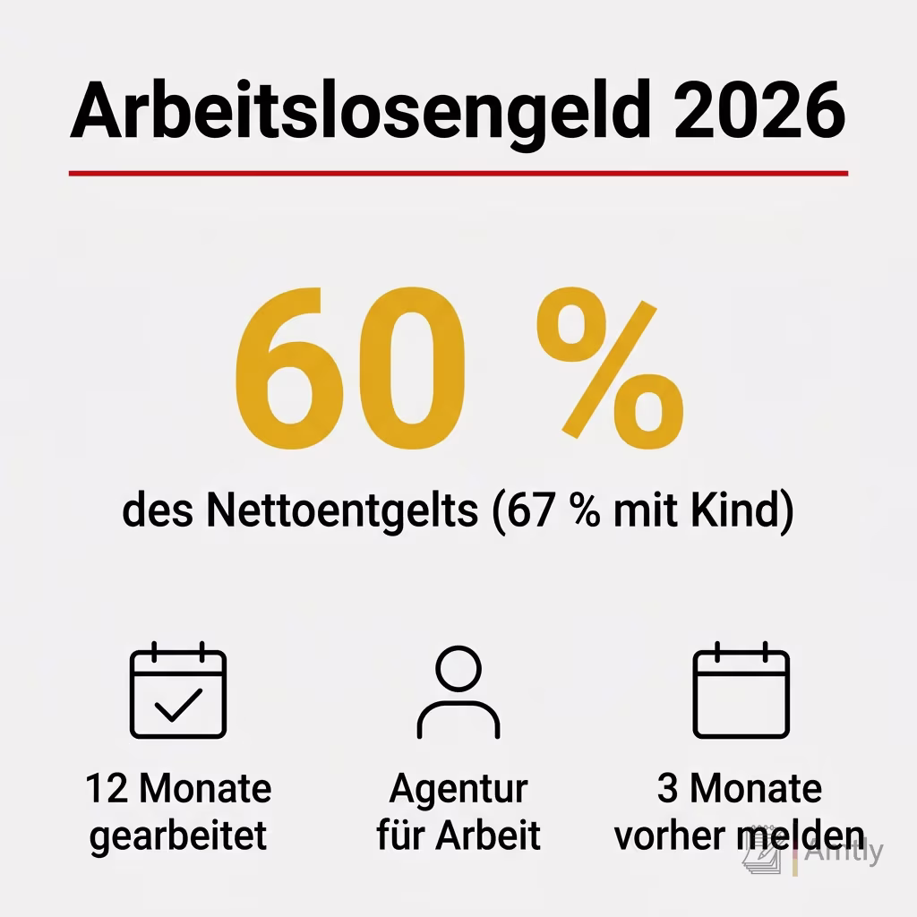 Infografik Arbeitslosengeld 2026: 60 % — des Nettoentgelts (67 % mit Kind). 12 Monate gearbeitet, Agentur für Arbeit, 3 Monate vorher melden.