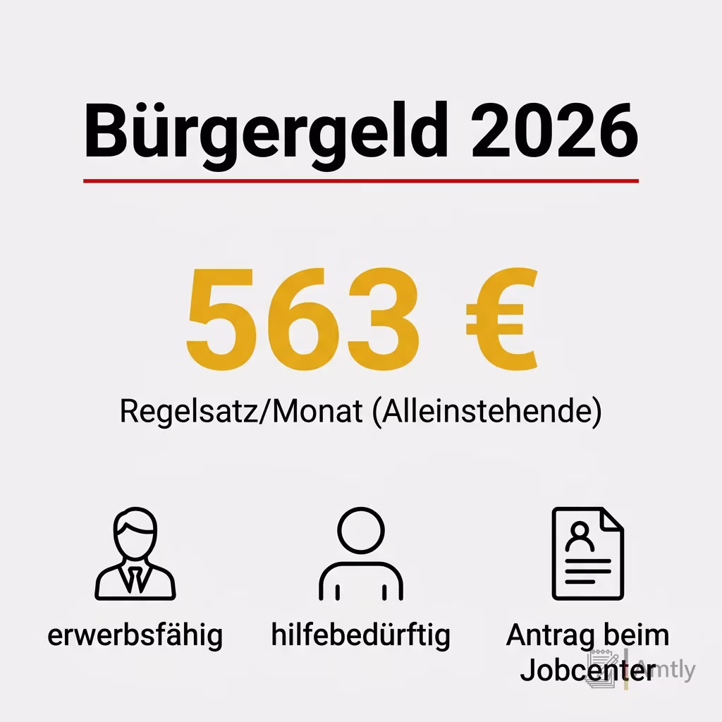 Infografik Bürgergeld 2026: 563 € — Regelsatz/Monat (Alleinstehende). erwerbsfähig, hilfebedürftig, Antrag beim Jobcenter.