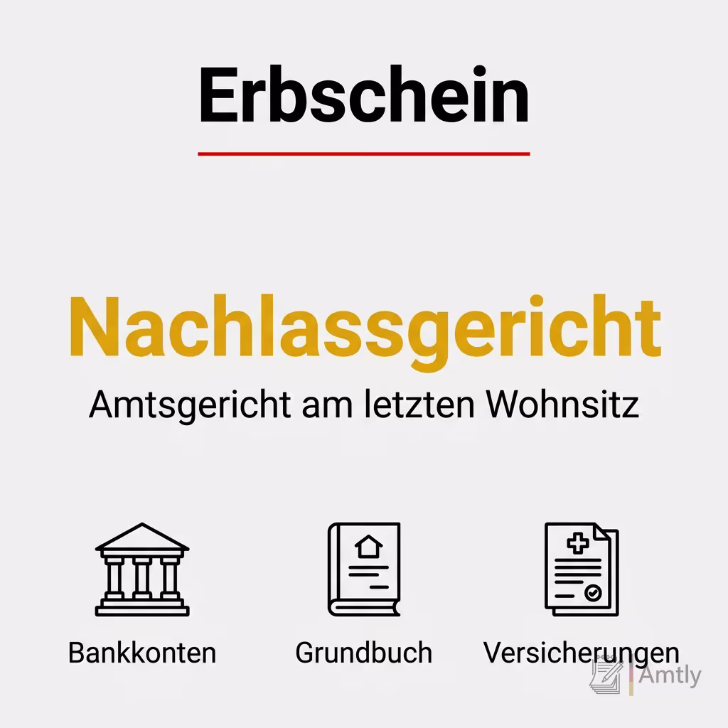 Infografik Erbschein: Nachlassgericht — Amtsgericht am letzten Wohnsitz. Bankkonten, Grundbuch, Versicherungen.