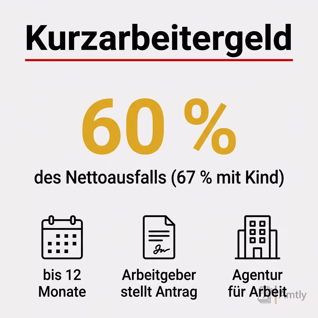 Infografik Kurzarbeitergeld: 60 % — des Nettoausfalls (67 % mit Kind). bis 12 Monate, Arbeitgeber stellt Antrag, Agentur für Arbeit.