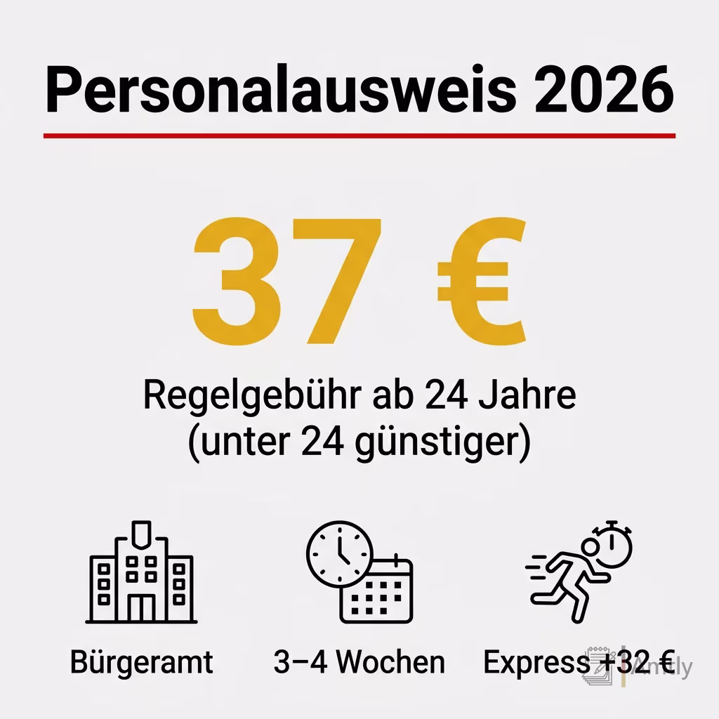 Infografik Personalausweis 2026: 37 € — Regelgebühr ab 24 Jahre (unter 24 günstiger). Bürgeramt, 3–4 Wochen, Express +32 €.