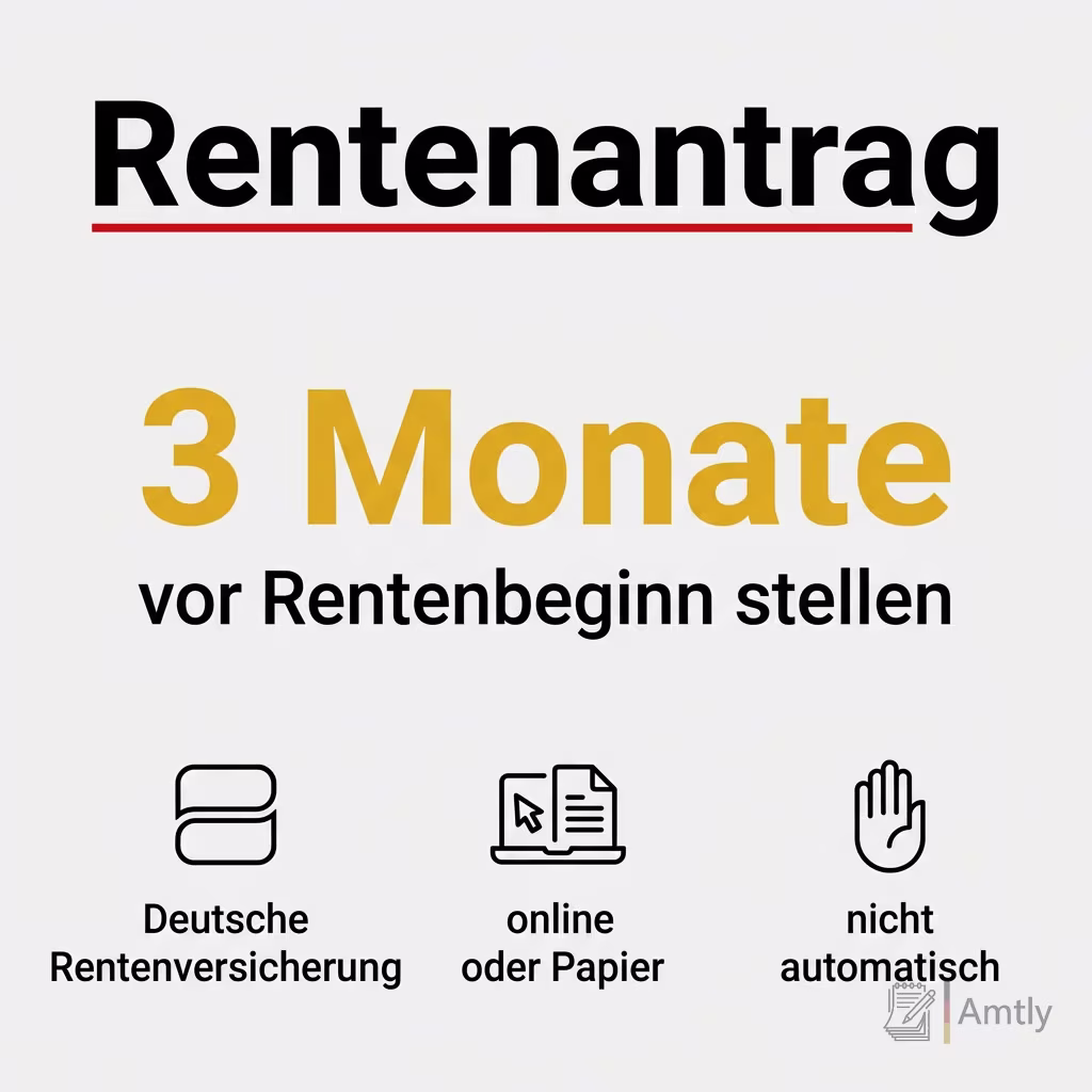 Infografik Rentenantrag: 3 Monate — vor Rentenbeginn stellen. Deutsche Rentenversicherung, online oder Papier, nicht automatisch.