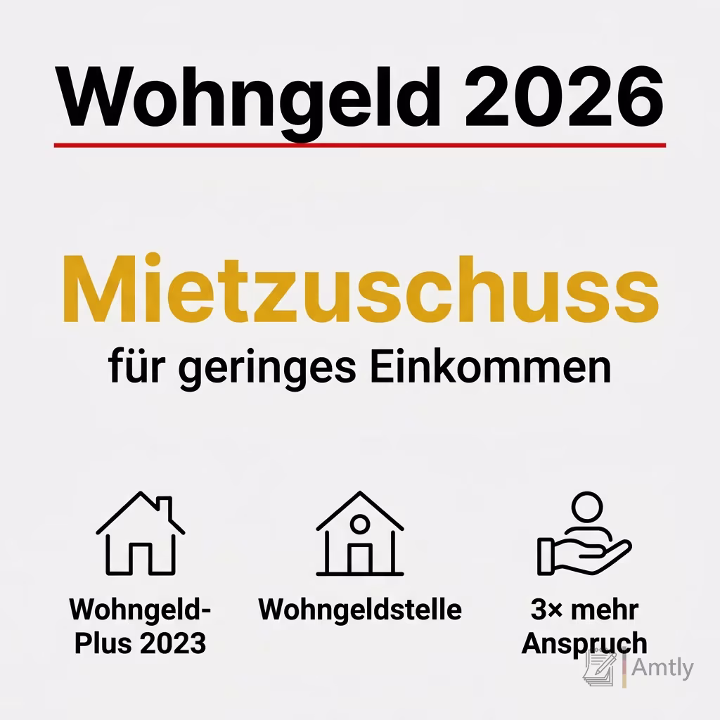 Infografik Wohngeld 2026: Mietzuschuss — für geringes Einkommen. Wohngeld-Plus 2023, Wohngeldstelle, 3× mehr Anspruch.