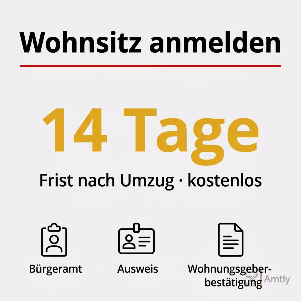 Infografik Wohnsitz anmelden: 14 Tage — Frist nach Umzug · kostenlos. Bürgeramt, Ausweis, Wohnungsgeberbestätigung.